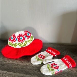 Red and White Floral Knit Hat and Mittens Set